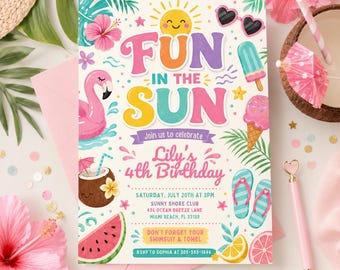 Invitación de cumpleaños "Diversión bajo el sol", invitación a fiesta tropical en la piscina, cumpleaños de verano de 4 años, plantilla de Canva "Playa de flamencos".