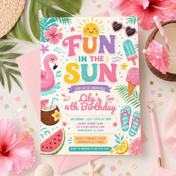 Fun in the Sun Birthday Invitation, Tropical Pool Party Invite, Summer 4th Birthday, Flamingo Beach Canva Template