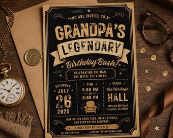 Grandpa’s Legendary Birthday Invitation, Vintage Black Gold Adult Birthday Party, Editable Canva Template