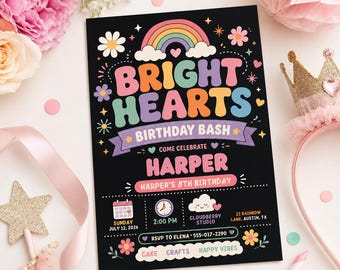Invitación de cumpleaños Corazones Brillantes, Invitación de cumpleaños para niña arcoíris, Fiesta infantil retro y moderna, Plantilla editable de Canva