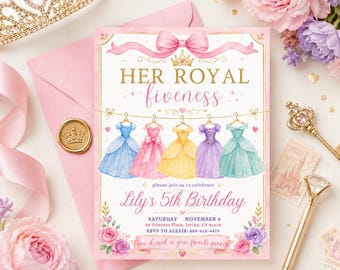 Princess 5th Birthday Invitation, Her Royal Fiveness Invite, Editable Canva Template, Princess Dress Party Evite, Printable Girl Birthday