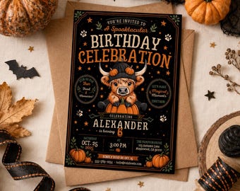 Highland Cow Halloween Birthday Invitation, Spooky Pumpkin Cow Party Invite, Editable Canva Template