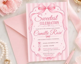 Invitación de cumpleaños con lazo rosa, invitación para la fiesta de celebración más dulce, cumpleaños de niña de 7 años, plantilla digital editable
