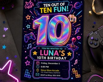 Neon Gaming 10th Birthday Invitation, Arcade Party Invite, Video Game Birthday Invite, Digital Editable Template