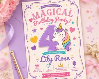Magical Unicorn 4th Birthday Invitation, Pastel Rainbow Unicorn Party Invite, Editable Digital Canva Template