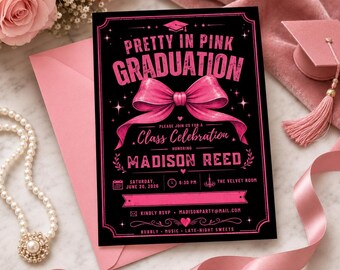 Plantilla de invitación de graduación "Preciosa en rosa", invitación editable para fiesta de graduación con lazo rosa, descarga digital para celebración de clase.