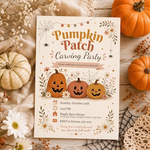 May include: A rectangular invitation card for a Pumpkin Patch Carving Party. The design features three jack-o'-lanterns, spiderwebs, and floral accents. Text includes: Sunday, October 20th, 3:00 PM, Maple Barn House, 52 Harvest Road, Pumpkin Hollow.