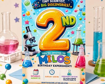 2nd Birthday Science Invitation, Little Scientist Party Invite, Kids Lab Birthday, Editable Canva Template