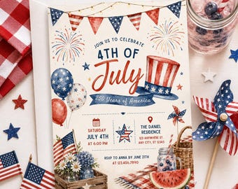 4th of July Invitation, Patriotic Party Invite, 250 Years of America Celebration, Editable Canva Template, Digital Download