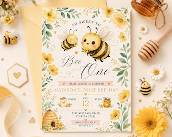 Plantilla de invitación de cumpleaños de abeja, invitación para la fiesta del primer cumpleaños de una niña, invitación digital editable para el Día de la Abeja.