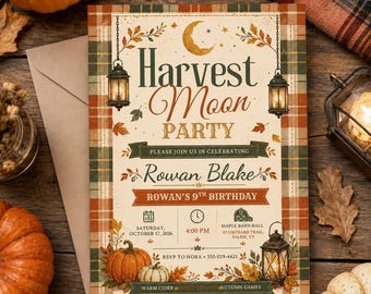 Harvest Moon Birthday Invitation, Fall Birthday Party Invite, Pumpkin Lantern Autumn Celebration, Editable Digital Template