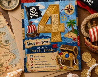Invitación de cumpleaños pirata para el 4.º cumpleaños, invitación para fiesta "Ahoy for Four", plantilla de invitación pirata editable, descarga digital.