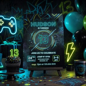 May include: A neon-themed birthday party scene with a black cupcake, balloons, and a sign that reads "HUDSON IS TURNING 13." The invitation includes the date, time, and location for the party. A gift box and a "Level 13 Unlocked" cup are also visible.