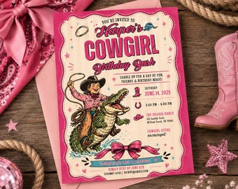 Pink Cowgirl Alligator Birthday Invitation, Western Rodeo Girl Party Invite, Editable Canva Template