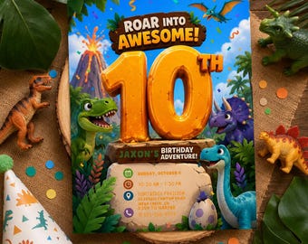 Dinosaur 10th Birthday Invitation, Roar Into Awesome Party Invite, Editable Dino Birthday Template, Digital Download