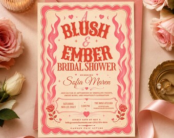 Blush & Ember Bridal Shower Invitation, Pink Retro Floral Bridal Shower Invite, Editable Canva Template