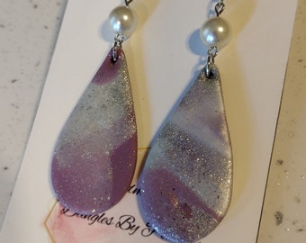 Purple and White Teardrop Dangle Earrings | Polymer Clay | Beads | Handmade