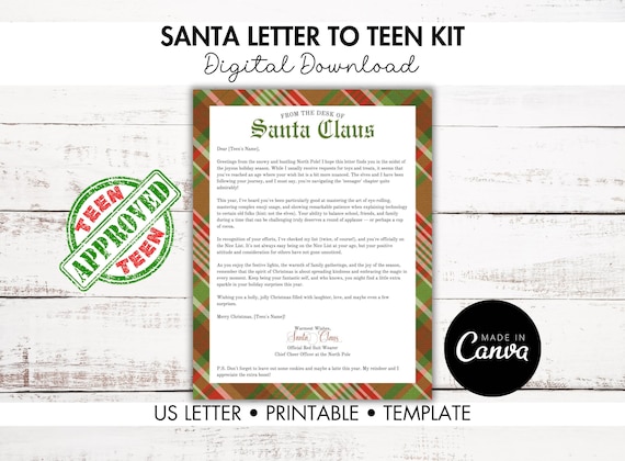 Santa Letter to Teen, Printable Foldable Envelope, Santa Letters