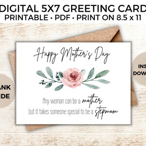 Stepmom Mother&#39;s Day Greeting Card, Card for Mom, Printable PDF, Watercolor Flowers, Gift for Mom