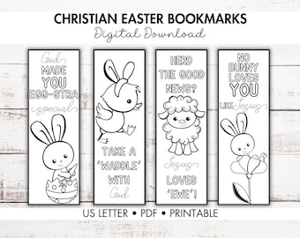 May include: Four black and white printable bookmarks with Easter-themed illustrations and Christian messages. The bookmarks feature a bunny, a chick, a lamb, and a flower. The text on the bookmarks includes phrases like "God made you egg-stra special", "Take a 'waddle' with God", "Herd the good news?", and "No bunny loves you like Jesus".