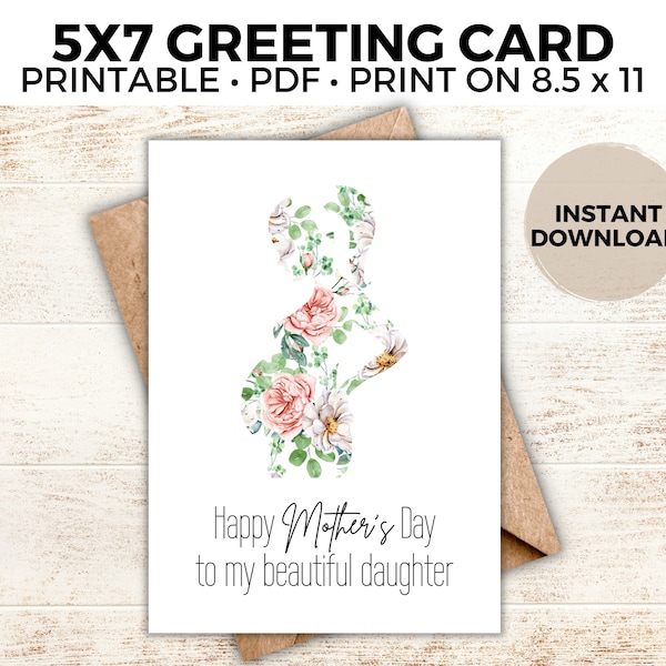 Daughter Mom To Be Mother's Day Card, Daughter Pregnant, PDF, Watercolor, Flowers, Love, First Mother's Day, Expectant Daughter