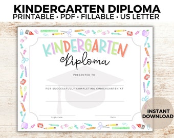 Fillable Kindergarten Diploma, Kindergarten Graduation, Kindergarten Certificate, Printable Personalized Diploma