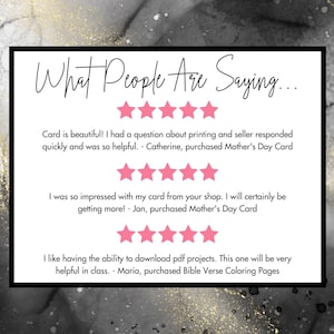 May include: A black framed sign with the text "What People Are Saying..." and customer reviews. The reviews are accompanied by pink star ratings. The background has a marble effect with gold accents.