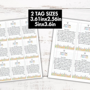 May include: Two sheets of printed tags with a "Back to School Prayer" in a handwritten font. The tags are white with a colorful pencil border. The sizes are 3.61 x 2.56 inches and 5 x 3.6 inches.