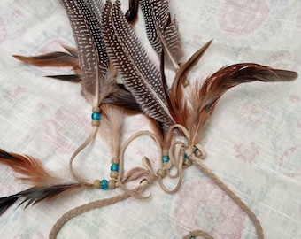 2 Pcs Unit Adjustable Braided Leather Head Band Adorned With Glass Beads, Natural Feathers And Howlite Stone Turtle Beads