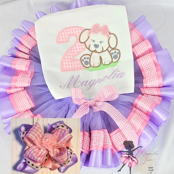 Puppy Gingham Birthday Embroidery and Tutu Outfit, Girl Puppy Birthday Tutu Outfit, Princess Tutu Outfit, Custom Puppy Birthday Shirt