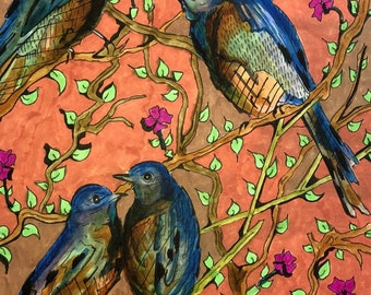 May include: A watercolor painting of four bluebirds perched on branches of a tree with pink flowers. The birds are painted in a realistic style with detailed feathers and markings. The background is a soft orange color with green leaves.