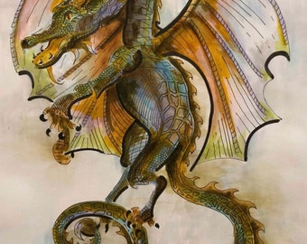 May include: A watercolor painting of a green dragon with brown and yellow wings. The dragon is curled up with its tail in its mouth. The dragon has a scaly body and a long snout.