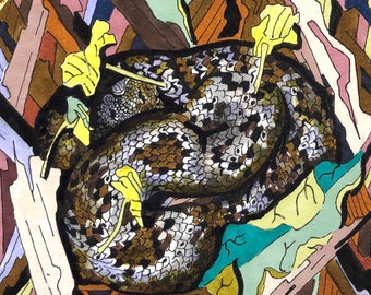 May include: A stylized illustration of a snake curled up in a nest of brown, yellow, and green leaves. The snake is brown and black with a scaly texture.