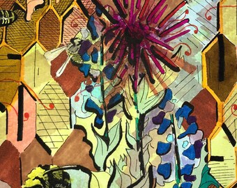 May include: A watercolor painting of a honeycomb with bees and a flower with blue and purple petals. The honeycomb is in the background and the flower is in the foreground. The bees are flying around the honeycomb and the flower.