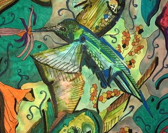 May include: Watercolor painting of hummingbirds and tropical flowers in shades of green, blue, orange, and red. The birds are depicted in flight, with detailed wings and long beaks, amidst lush foliage and vibrant blooms.