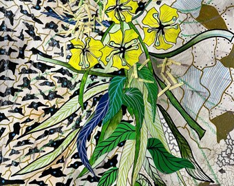 May include: A painting of yellow flowers with green leaves and stems against a background of black and white abstract shapes.