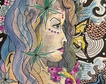 May include: Watercolor painting of a woman's face with intricate details. Her hair is long and flowing, with a flower crown and butterflies. The background is a swirling pattern of blue and black.
