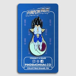 May include: A collectible enamel pin featuring a character from Dragon Ball Z, with black spiky hair and blue and white armor, covering their eyes. The pin is on a blue card with the text "PINDEMONIUM.CO".