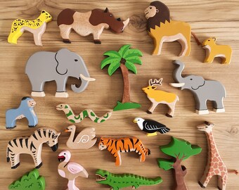 Natural wooden safari animals figures toy set  ,  wild animal fügurines montessori toys , wooden toys animals , kids room decor , gift kids