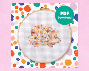 Cross Stitch Hedgehog Pattern | Digital Download PDF Instructions | Floral Easter Animal Cross Stitch Template | NiamhsNeedlesCo