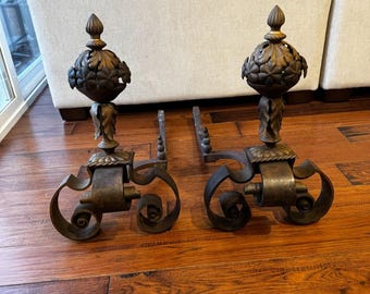 Vtg Pair Cast Iron Brass Fireplace Andirons Firedogs 1900's Scroll Feet Ornate