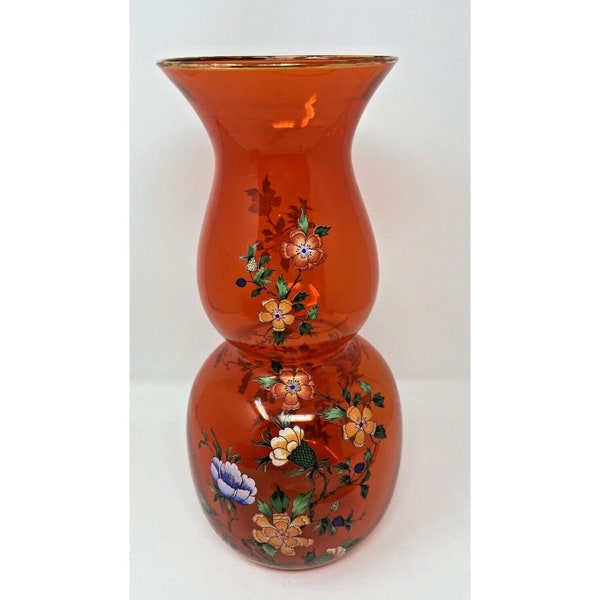 Vintage Norleans Italy 13.5" Orange Glass Vase With Floral Pattern Gold Rim MCM