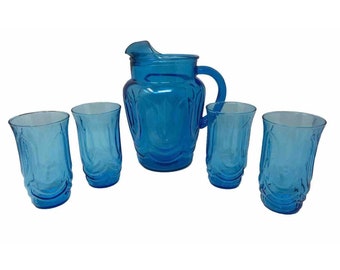 Vintage Anchor Hocking Colonial Tulip Laser Ice Blue Turquoise Set 4 Glasses & Pitcher