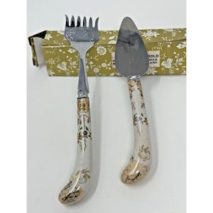 A E LEWIS Co Sheffield England Floraine Porcelain Handle Stainless Steel Fork 2 Pieces