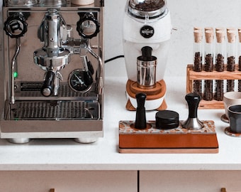 Luxury Leather and Terrazzo Wood Tamping Station - for 58mm Portafilter accessories. - Slate Colour