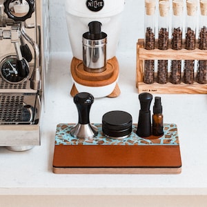 Luxury Leather and Terrazzo Wood Tamping Station - for 58mm Portafilter accessories. - Azure Colour