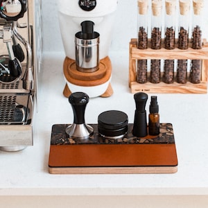 Luxury Leather and Terrazzo Wood Tamping Station - for 58mm Portafilter accessories. - Espresso Colour