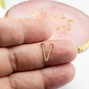 May include: Two gold-coloured earring posts with flat heads. The posts are held between two fingers.