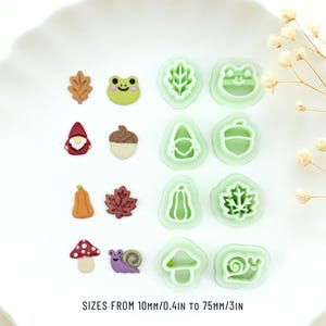 Può includere: Una collezione di figurine e taglierini in miniatura in pasta polimerica a tema autunnale e giardino. Include una foglia, una rana, uno gnomo, una ghianda, una zucca, un fungo e una lumaca. Testo: DIMENSIONI DA 10mm/0.4IN A 75mm/3IN.