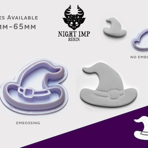 May include: A set of two witch hat cookie cutters, one with an embossed design and one without. The cutters are made of purple plastic and are available in sizes from 7mm to 65mm. The image also includes the logo "Night Imp Resin".